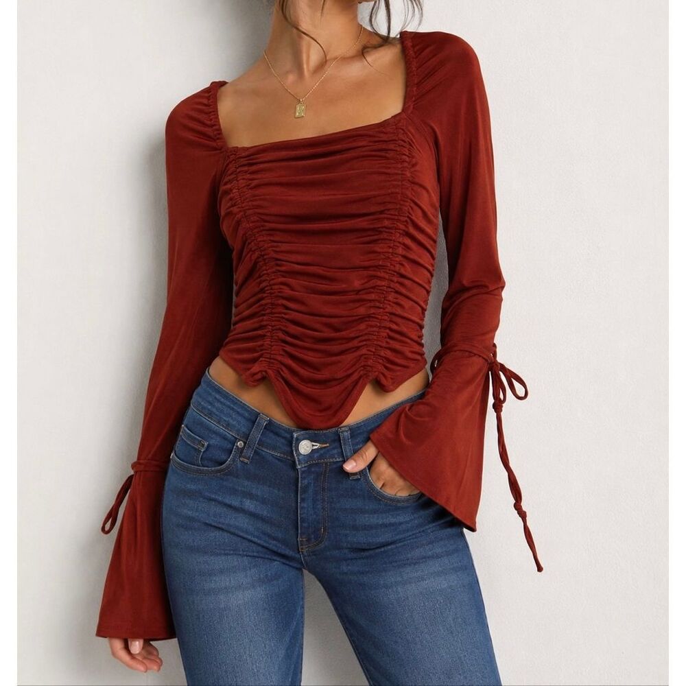 Free People XS Rust Ruched Bodysuit Bell Sleeve Boho Y2K Top